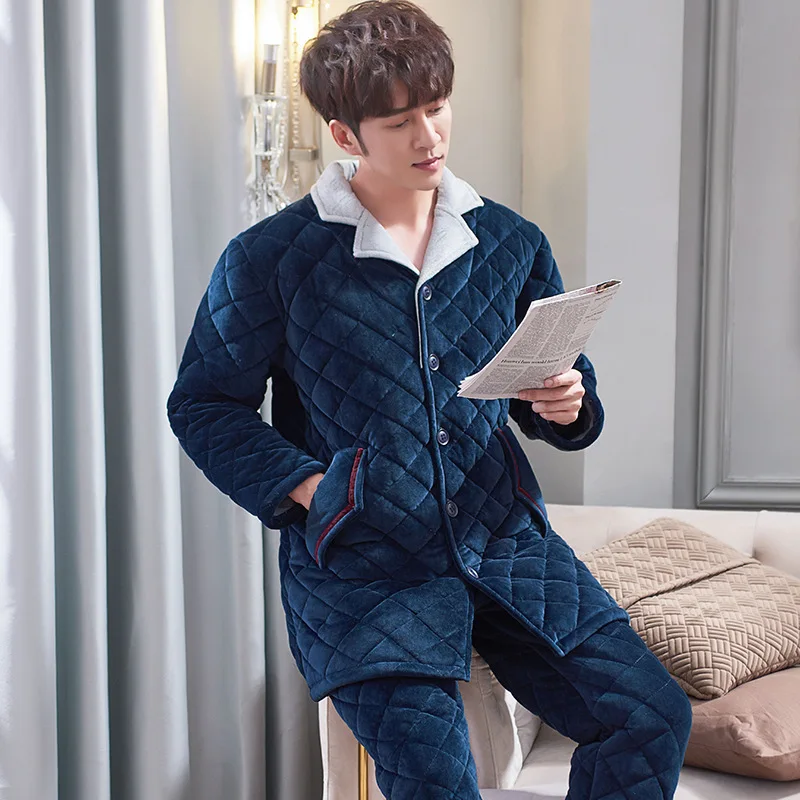 Men's Pajamas Winter Three-layer Quilted Thickened Plus Velvet Warm Coral Flannel Home Service Pigiama Uomo Invernale Dormir Top