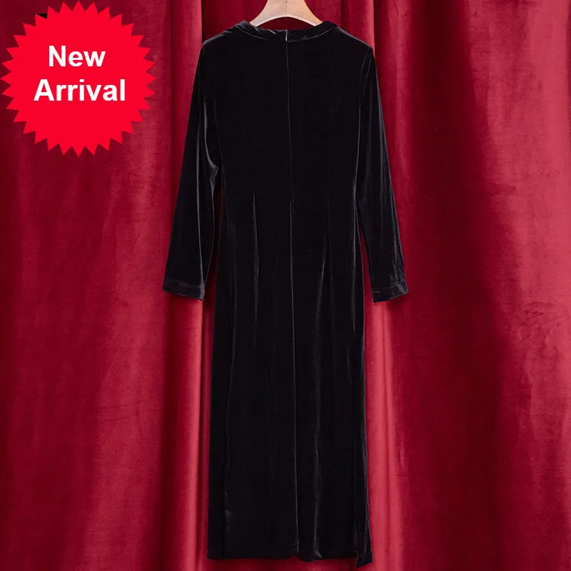 

New 2021 Summer Vintage Black Velve Party Dress Women Long Sleeve Belt Gorgeous Golden Embroidery Mid-Calf Dress