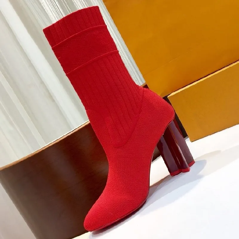 

Boots Women Woven Socks High Heel Woman Shoes Round Toe Knitted Shoes Women Slip On Casual Boots Autumn Winter Zapatos De Mujer