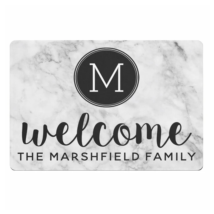 

Trendy Faux White Marble Personalised Initial Welcome Mat for Front Door Hallway Custom Monogram Family Name Carpet Home Decor