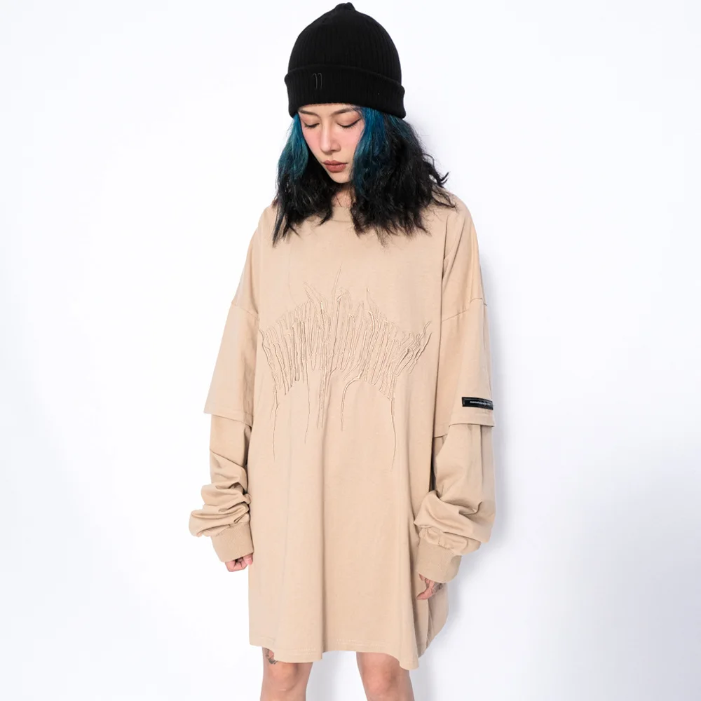 

Уличная женская футболка Eukaaru большого размера, футболка с вышивкой и длинным рукавом, мужские свободные топы с круглым вырезом, Модный пуло...