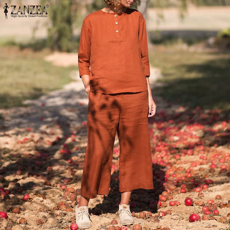 

2022 ZANZEA 2pcs Solid Pants Sets Fashion 3/4 Sleeve Blouse Suits Loose Women's Sets Autumn Wide Leg Trousers Casual Tracksuit