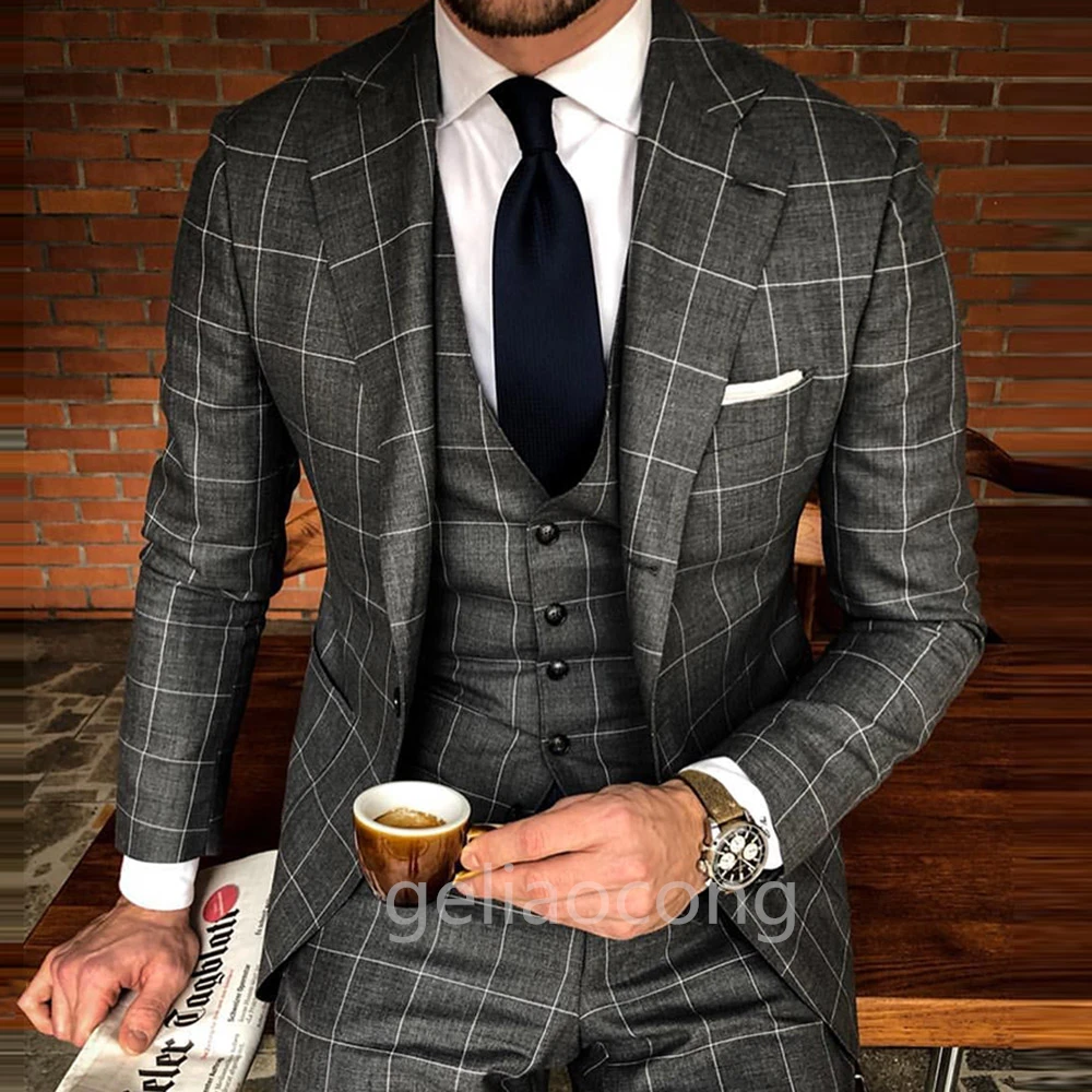 Gray Plaid Groom Tuxedos Notch Lapel Men Suits 3 Pieces Wedding Bridegroom Formal Business Suits ( Jacket+Trousers+Vest)