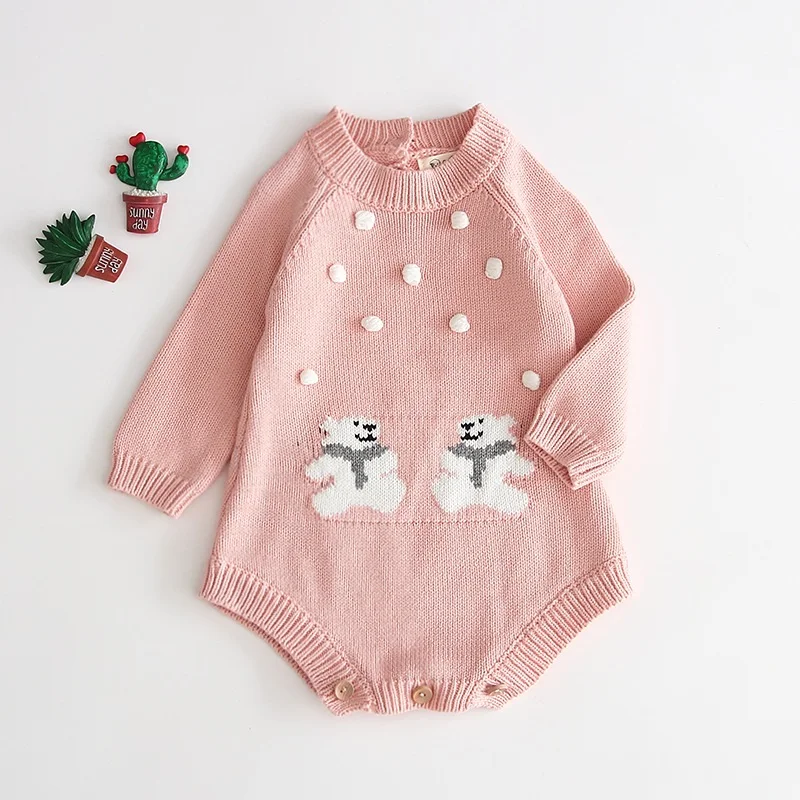 B91H44 Pink Трикотажные комбинезоны с рисунком медведя для новорожденных; коллекция года; осенняя одежда для девочек; Вязаный комбинезон для маленьких девочек; Одежда для новорожденных мальчиков; комбинезоны; свитер - Цвет: B91H44 Pink