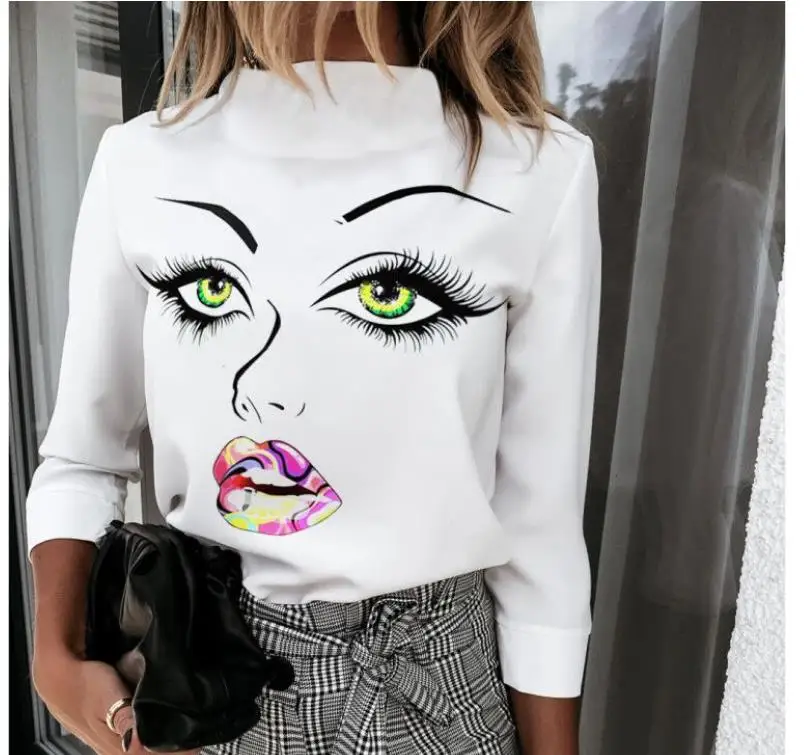 Женская новая блузка с принтом губ рубашки 2020 элегантный женский пуловер круглым