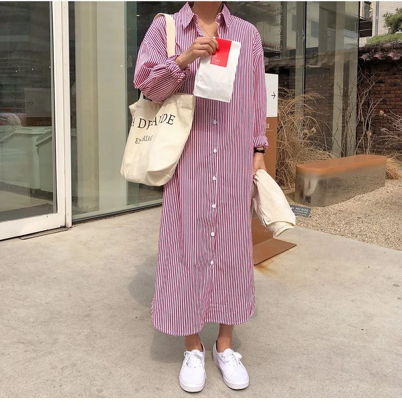 

Women V-Necktie Button Long Sleeve Dresses Striped Cotton Linen Loose Fashion Comfortable Long Casual Shirt Good Quality Long