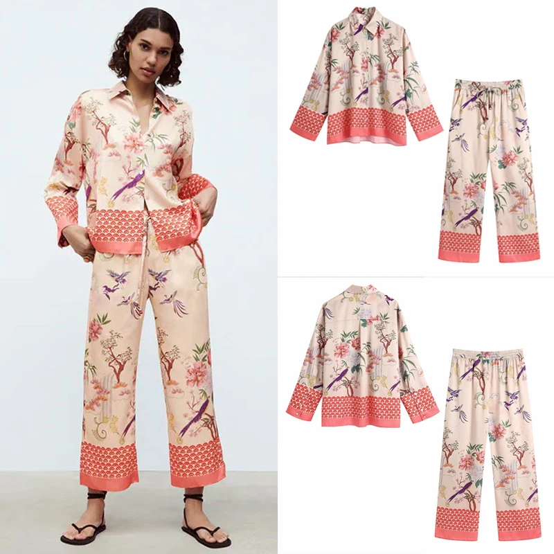 

Unizera 2021 европейские и американские женские новые ретро цветочный принт Свободная рубашка + домашние обвисшие брюки