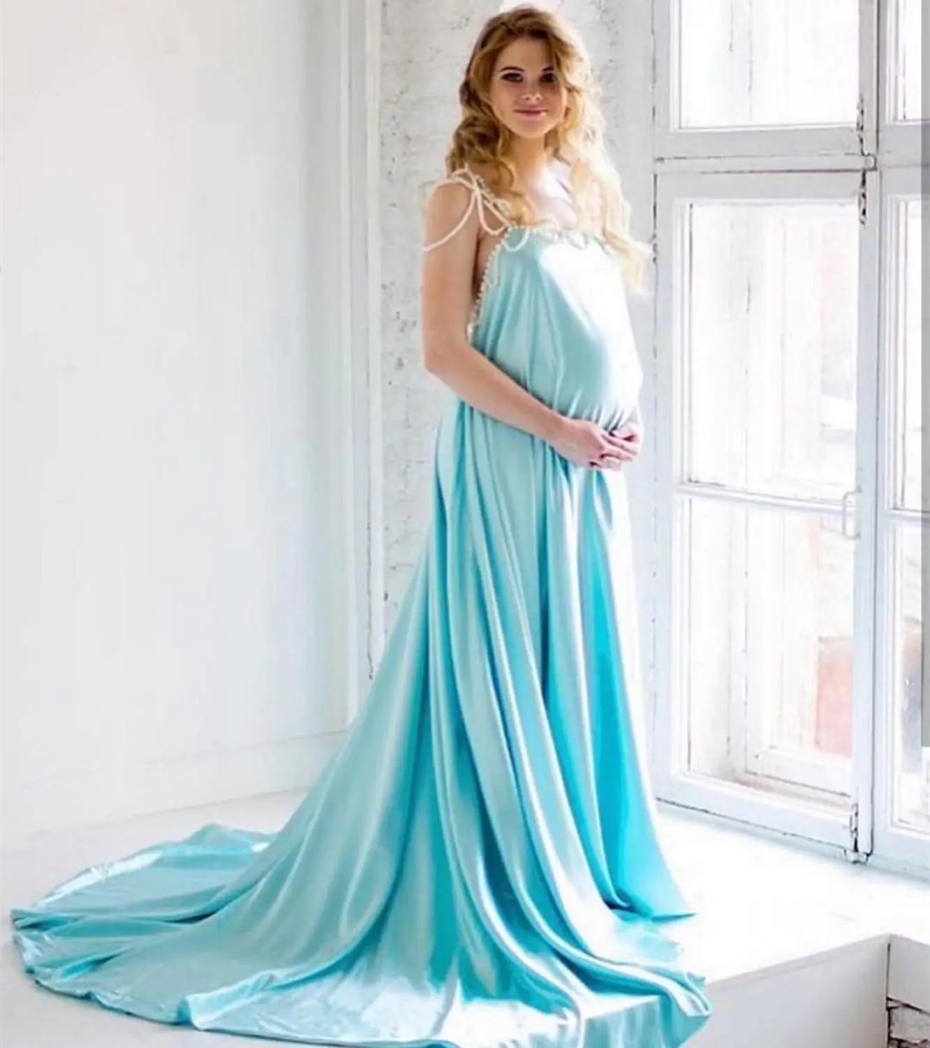 

Pregnancy Evening Dress Pregnant Blue Strapless Floor Length Sweep Train Formal Women Party Gowns Crystal Beading Charming