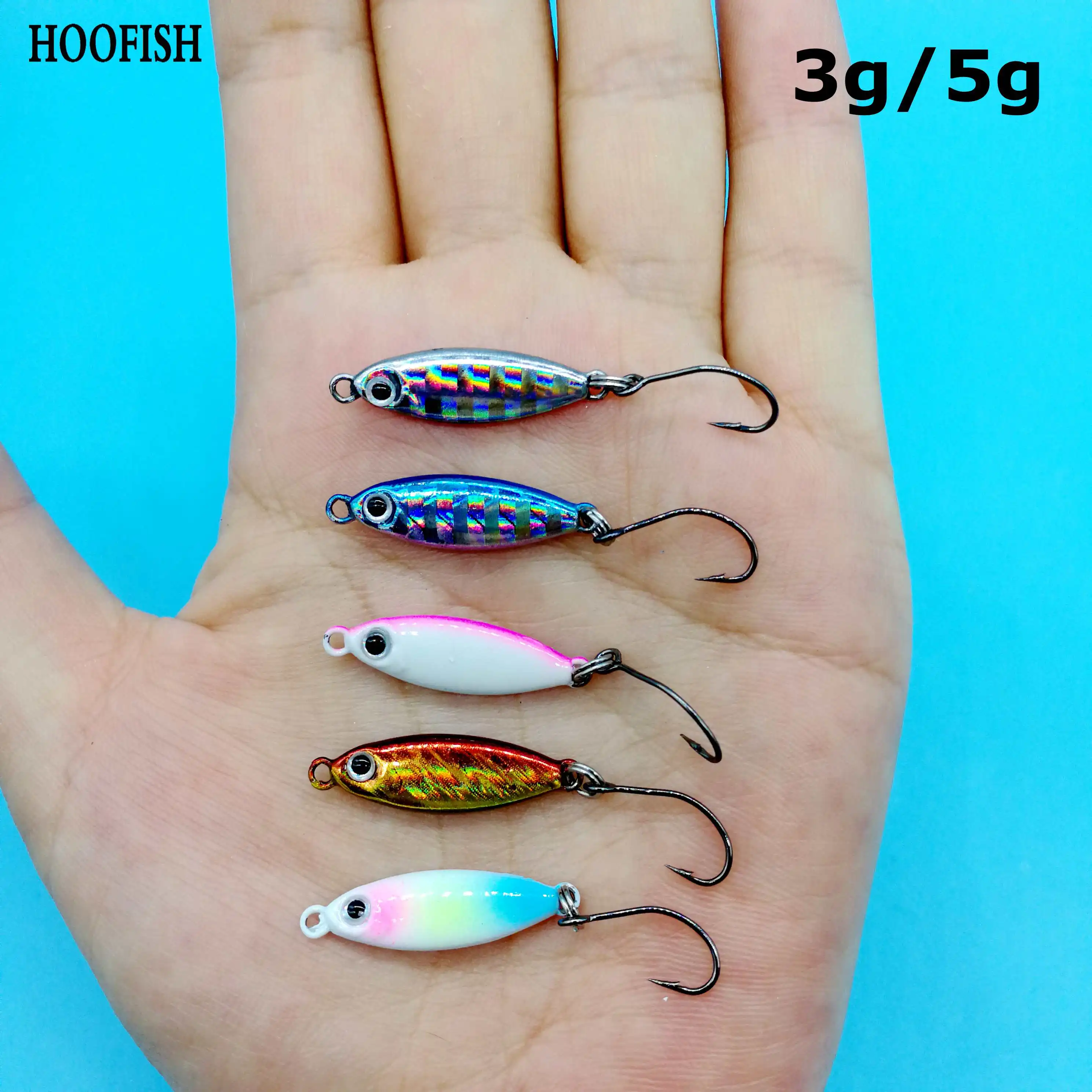 

HOOFISH 20PCS/lot Mini Jig Fishing Lure 3g/5g Luminous Spoon Metal Lures Small Fish Single Hook Jig Stream Trout Winter Ice