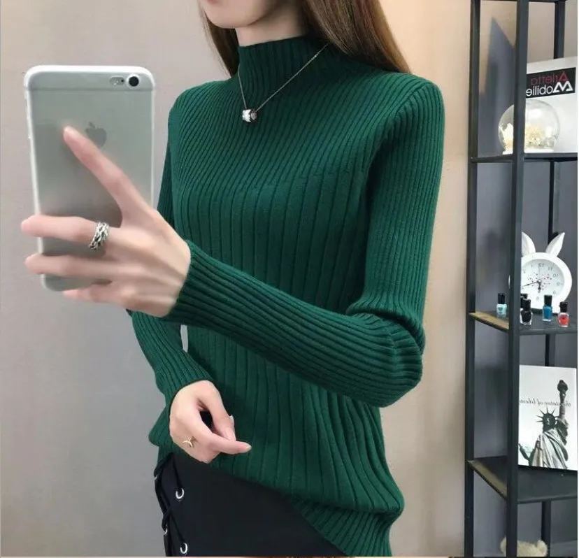 

High-Quality Core-Spun Yarn Half-Collar Sweater Female Korean Slim Long Sleeve Pullover Cotton Office Lady Knitted Turtleneck