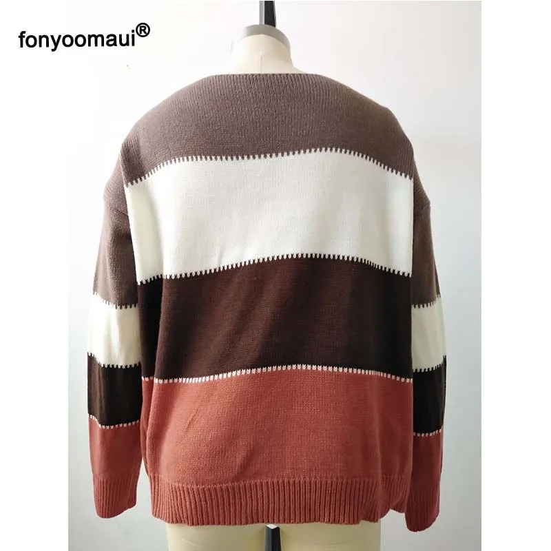 Large Size Multicolor Striped Colorblock O Neck Sweater For Women Contrast Splicing Color Loose Sweaters Lady Autumn Winter | Женская