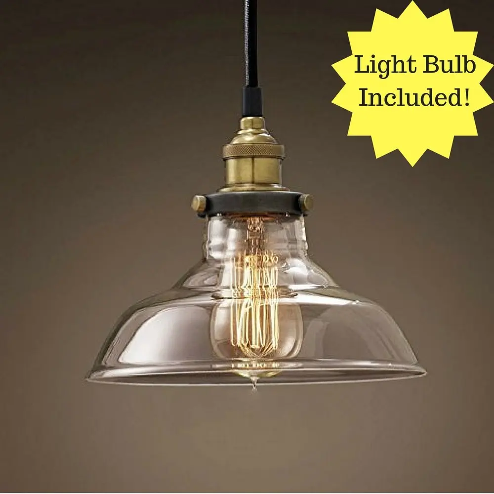 

280MM Retro E27 LED Chandelier Retro DigTM Straw Hat Transparent Retro Glass Lampshade + Bulb Nordic Style Cafe Bar Single Head