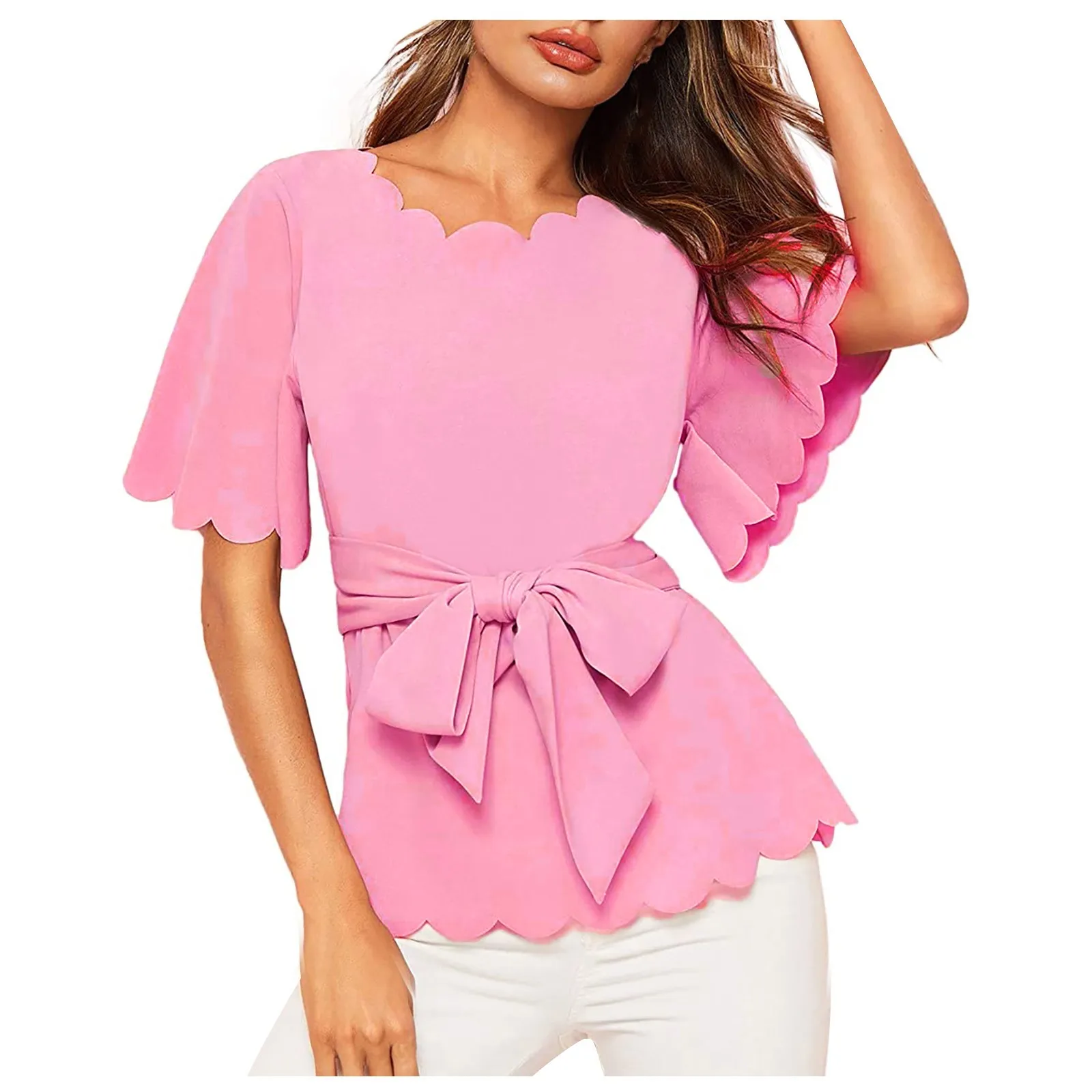 

Women Harajuku Blouses Petal Collar Bow Tie Short Sleeve Shirt Office Workplace Loose Casual Design Top Blusas Mujer De Moda
