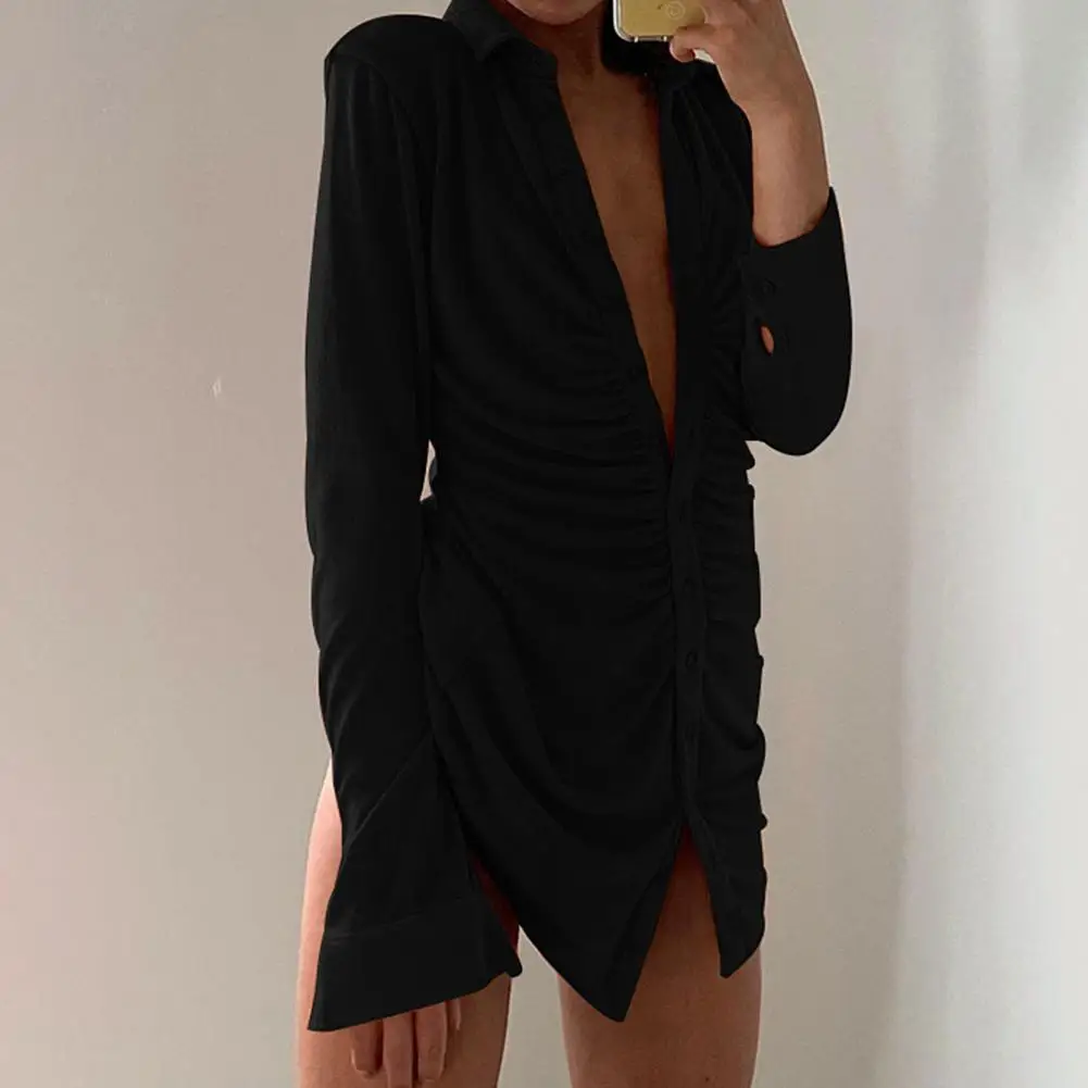 

Women Long Sleeve Solid Color Single-breasted Waist Tight Ruche Mini Shirt Dress
