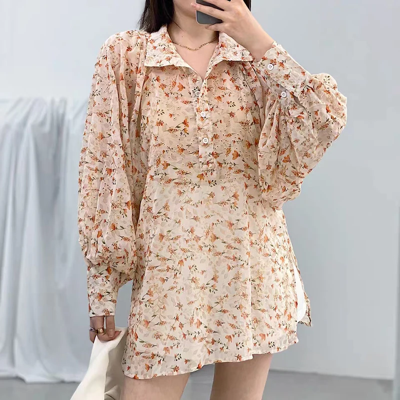 

GALCAUR Pullover Print Casual Shirt For Women Lapel Collar Lantern Long Sleeve Hit Color Loose Blouses Female Fashion 2021 Style