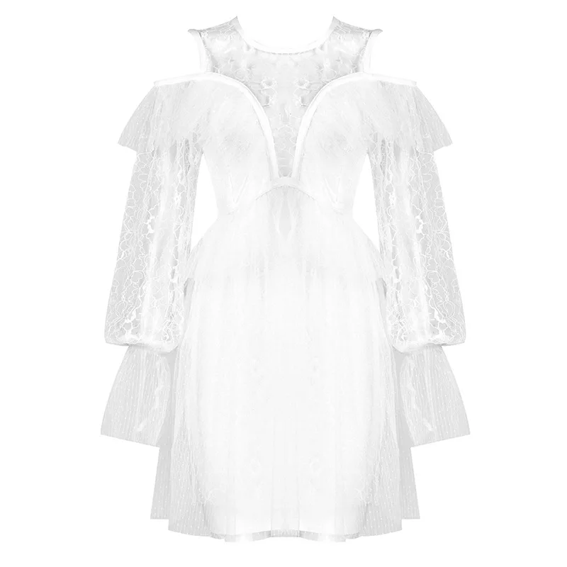 

Party Bandage Dress Summer White Long Sleeve Lace Bodycon Women Dresses O Neck New Elegant Long Sleeve Clothes