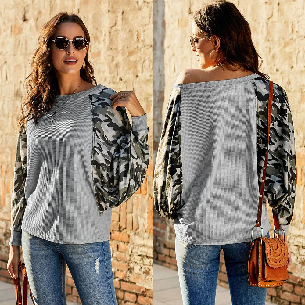 Свитшот женский осенне-весенний с камуфляжным принтом и рукавами летучая мышь |