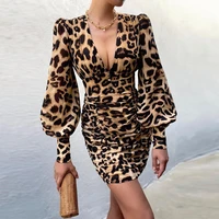sexy leopard printing bag hip dress deep v neck low cut pleated women outfits lantern sleeve high waist slimming party vestidos