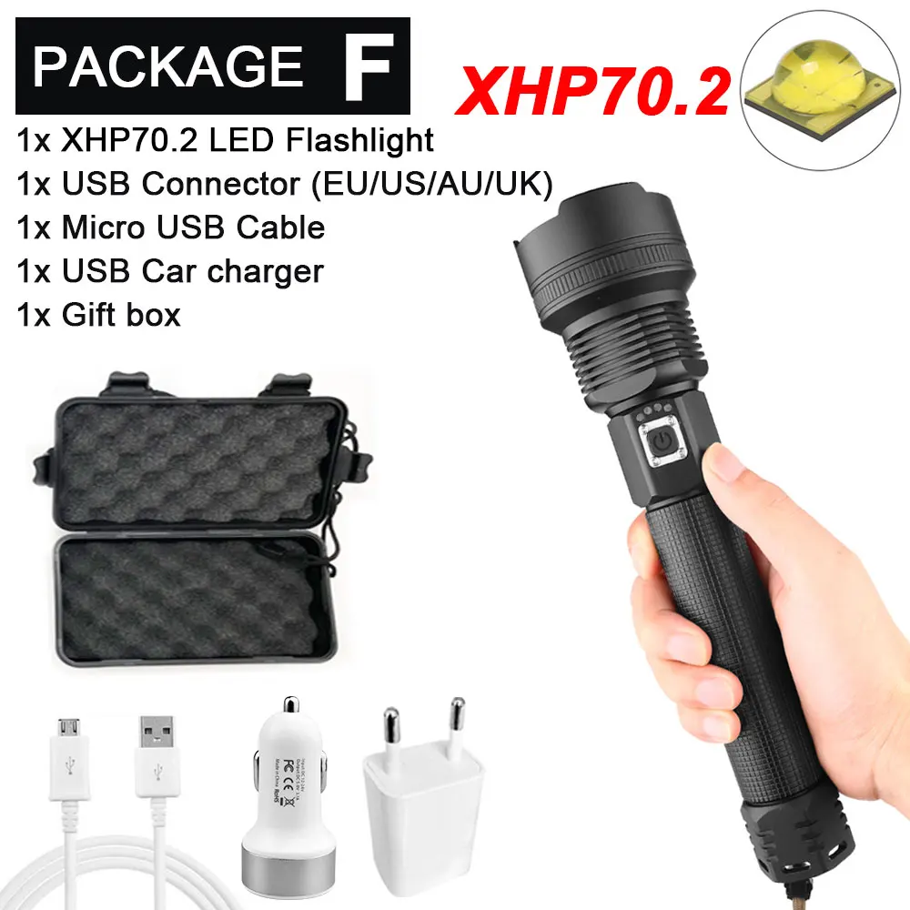 Package F-XHP70.2 Мощный светодиодный фонарик с XHP 70,2, лампа с бусинами, масштабируемый, 3 режима освещения, светодиодный фонарь, USB Перезаряжаемый, для кемпинга, охоты, лампа - Испускаемый цвет: Package F-XHP70.2