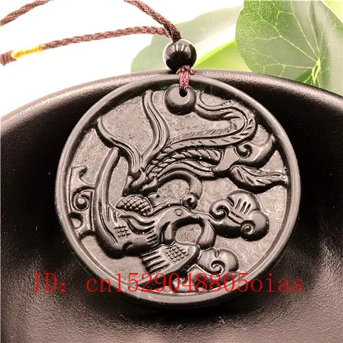 Натуральный китайский черный зеленый нефрит Феникс кулон ожерелье обсидиан