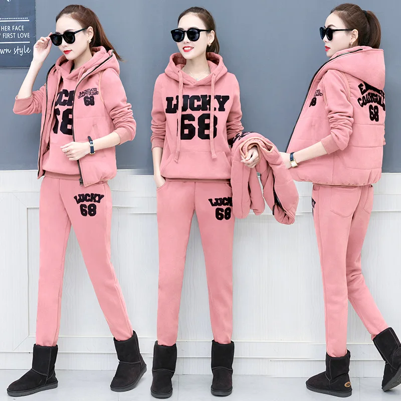 68 pink Женский спортивный костюм, спортивная одежда, зимняя флисовая плотная куртка, свитер, толстовка+ жилет+ штаны, для бега, бега, отдыха, спортивный теплый костюм - Цвет: 68 pink