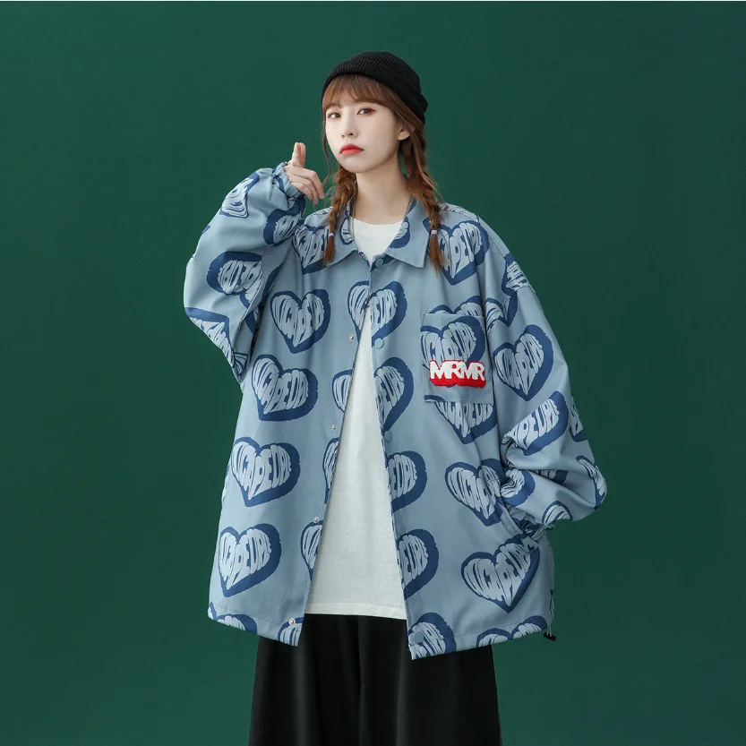 

Pink Grey Black Color Sweet Style Women Jacket Turn-Down Collar Loose Lady Pocket Coat Female Spring Autumn Heart Pattern Coats