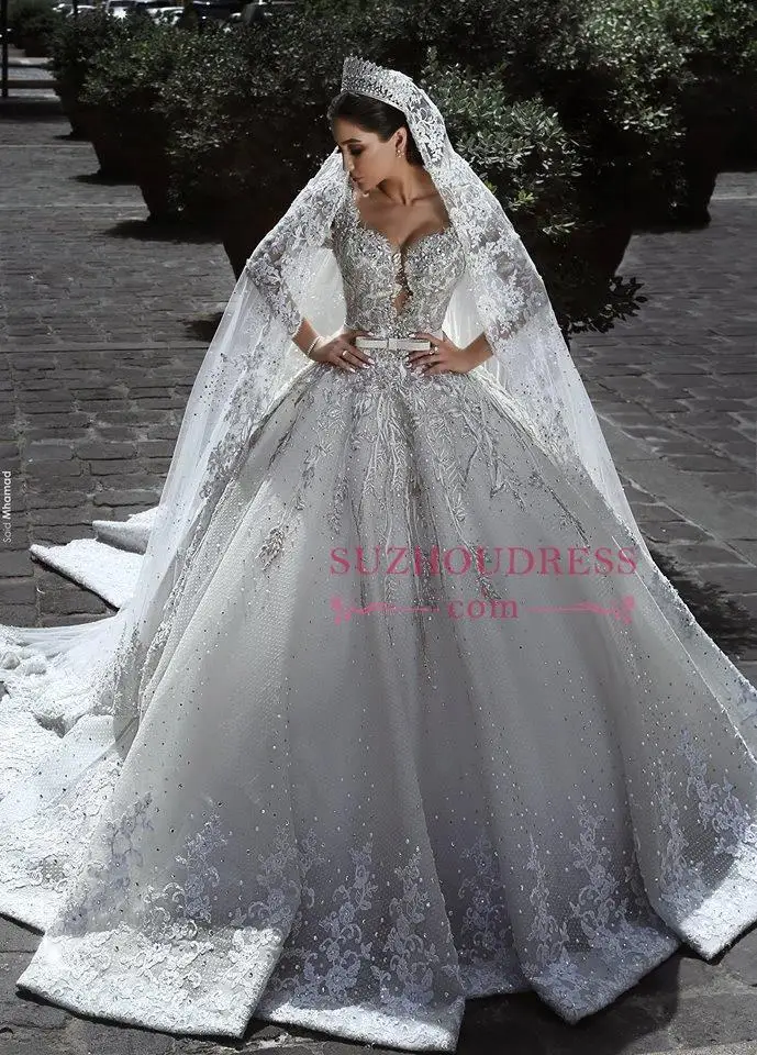 Dubai Luxury Beading Wedding Dress Long Sleeve V-Neck Ball Gown Bridal Dress Lace Appliques Wedding Gown with Belt
