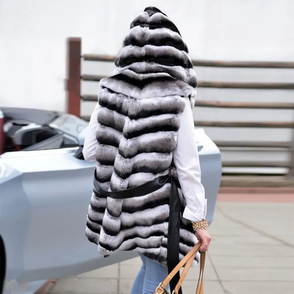 2021 модный пушистый жилет с капюшоном из натурального меха шиншиллы кролика рекс