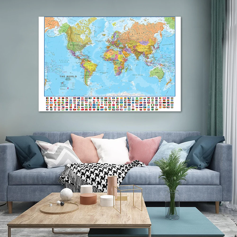 

130*90cm The World Political Map with National Flags Non-woven Canvas Painting Wall Poster Home Decor Education School Supplies