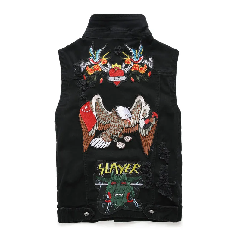 High Quality Men's Denim Vest Eagle Embroidery Skinny Single Breasted Ripped Jeans Waistcoat Singer Dancer Nightclub | Мужская