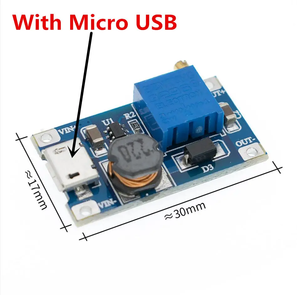 MT3608 with USB 1 шт. MT3608 DC-DC регулируемый Повышающий Модуль 2A повышение пластина Step Up Модуль с/без микро USB 2 V-24 V 5V 9V 12V 28V - Цвет: MT3608 with USB