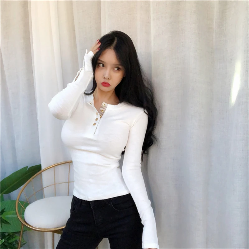 Новая весенняя Сексуальная футболка Женская эластичная в Корейском стиле