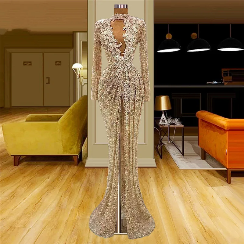 

Stylish Long Mermaid Evening Dress Lace Applique Hollow Out Prom Gowns Pleat Side Split Party Second Reception Dresses