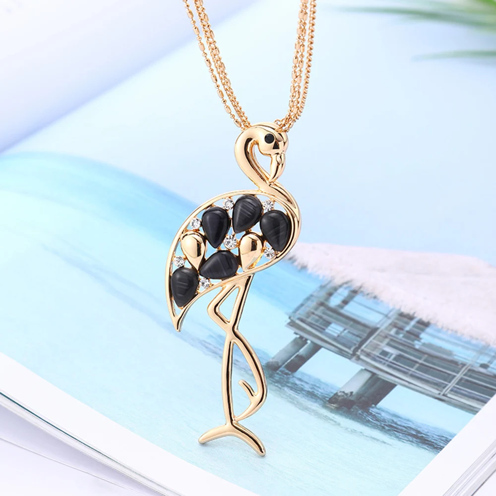 Ожерелье с кристаллами фламинго для женщин золотой цвет черный и розовый камень