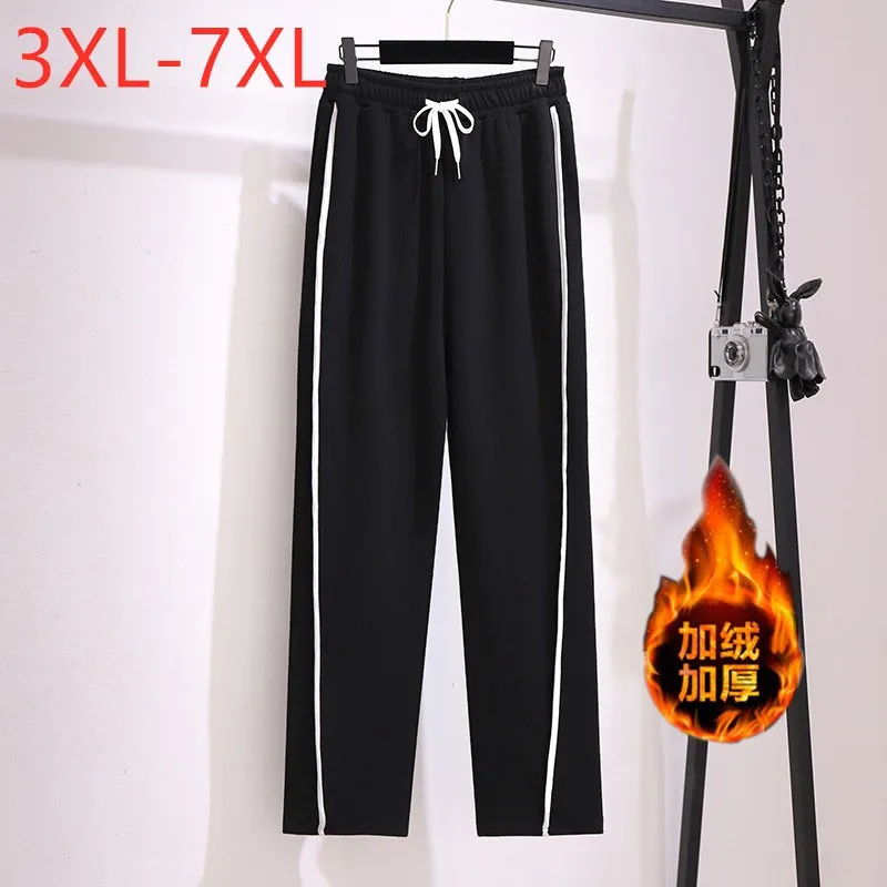 

Женские спортивные брюки с флисовой подкладкой, черные длинные брюки с широкими штанинами, размеры 3XL, 4XL, 5XL, 6XL, 7XL, Осень-зима 150 кг