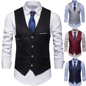 Men Formal Business Blazer Vests Pockets Removable White Strips Suit Vest Classic Solid Color Male B