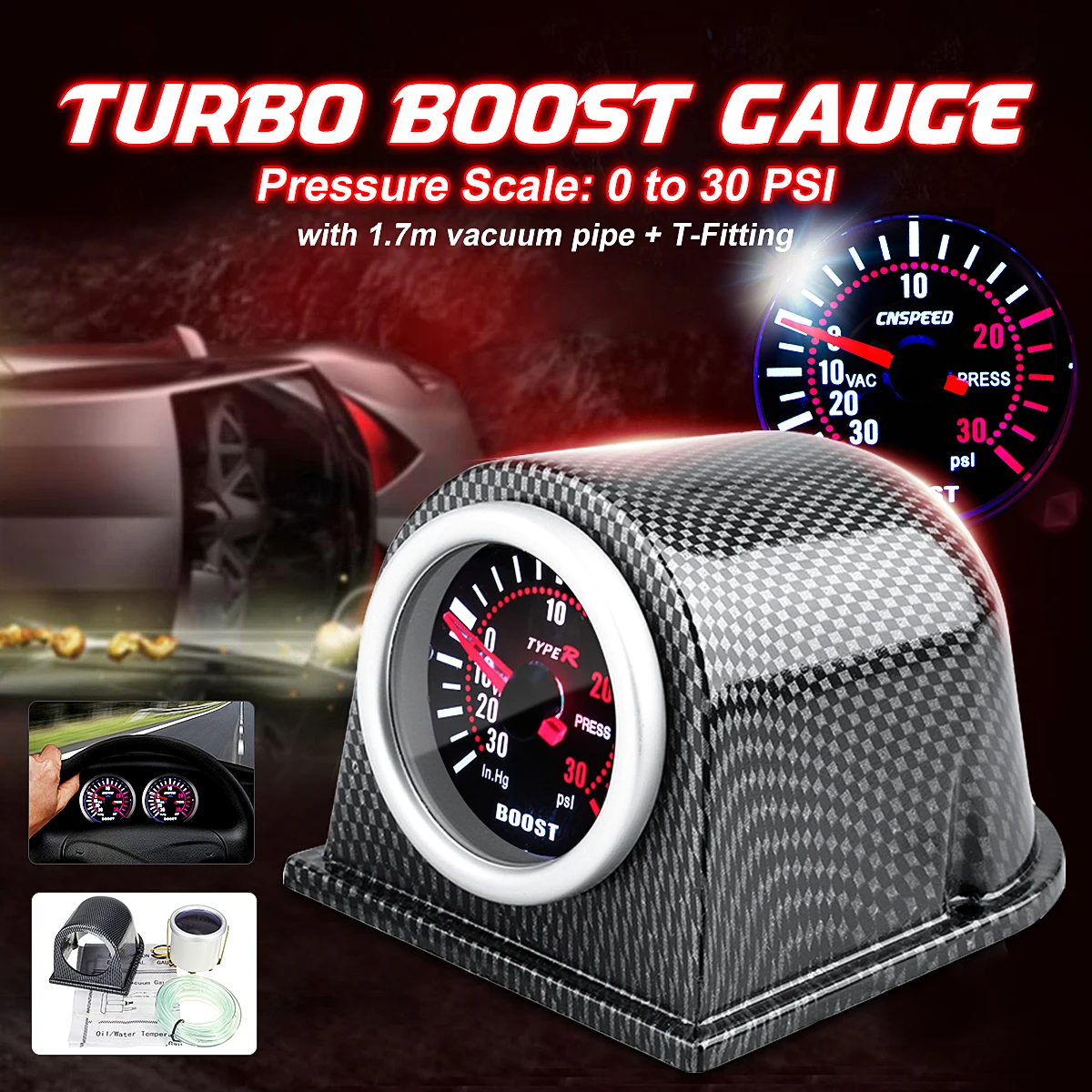 

2" 52mm LED Car Gauge Turbo Boost Pressure Pointer Gauge Meter Sme Face Dials 0-30Psi +