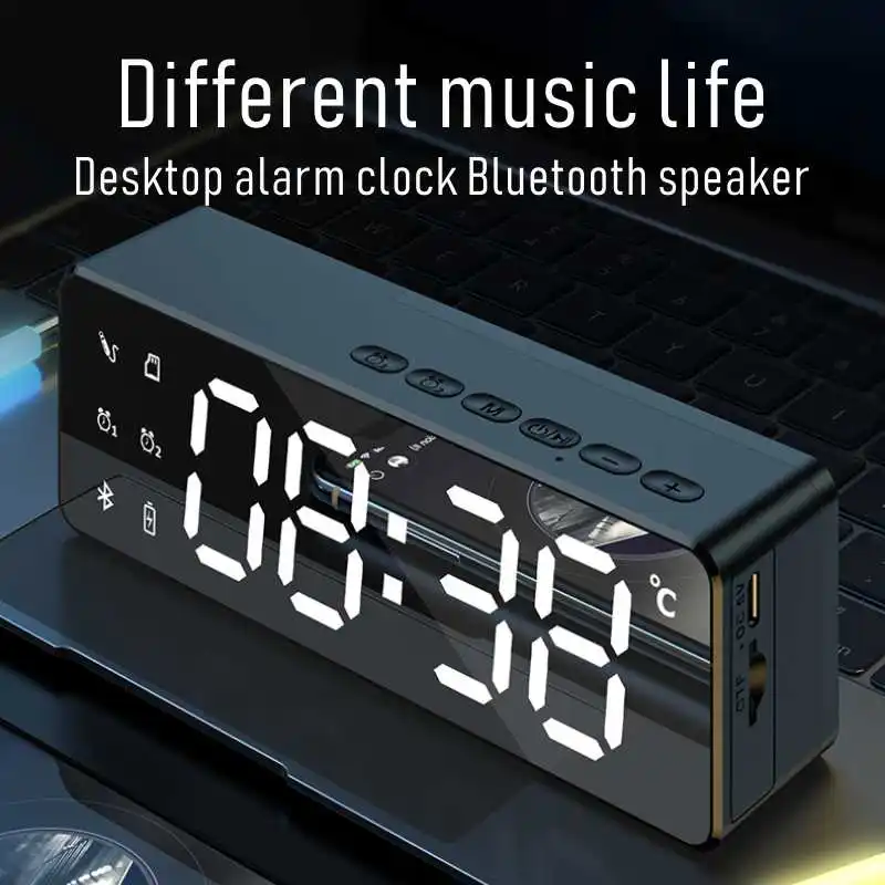 

Alarm Clock Bluetooth Speaker Wireless Bass Subwoofer FM Radio Surround Stereo Loudspeaker Music Box HIFI TF Mirror Speakers