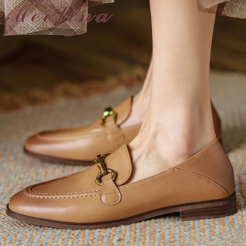 

Meotina Women Loafers Shoes Genuine Leather Flat Shoes Causal Square Toe Chain Lady Footwear Khaki Black 2022 Spring Cow Leather