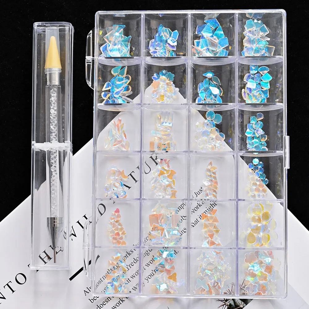 

400/480PCS Crystal AB Rhinestone In Grids 20PC/Shape Flat- Back Nail Art Rhinestone Gem With 1 Pick Up Pen In Clear Big Box H&*&