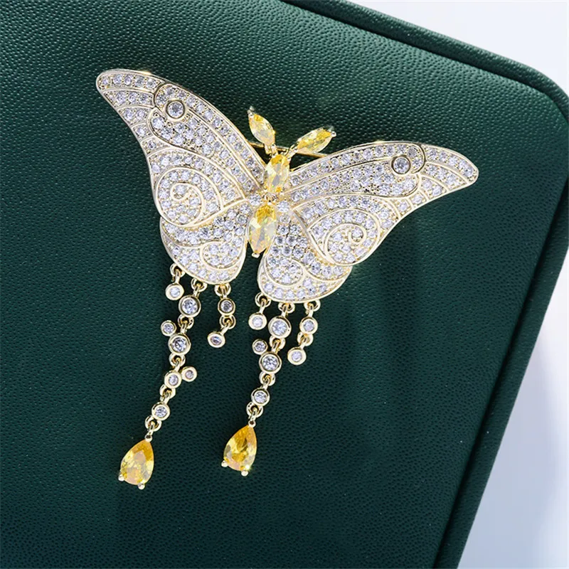 

OKILY Gorgeous Tassels Butterfly Brooches for Bridal Wedding Accessories AAA Zirconia Animal Brooch Pin Coat Sweater Jewelry