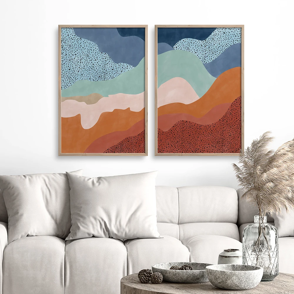 

Blue and Rust Mountain Boho Canvas Poster Print Sunset Landscape Prints Abstract Painting Nordic Wall Art Posters Picture Decor