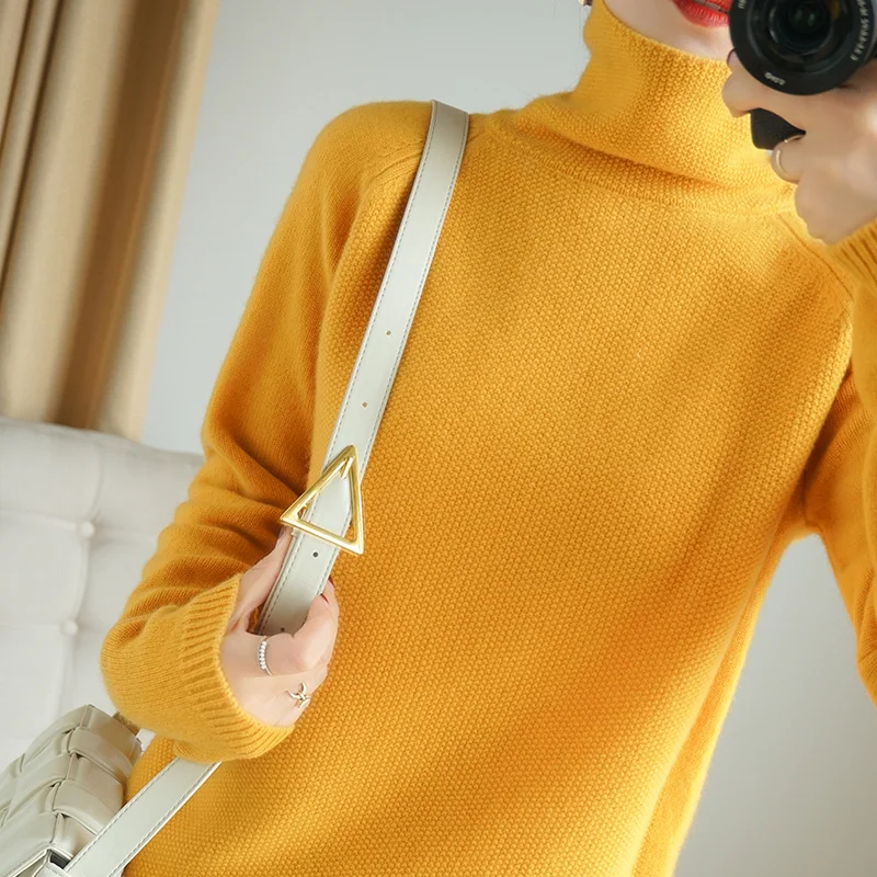 

Special Knitting Process Women Sweaters 100% Wool Jumpers Turtleneck Mid-Long Style Pulloves for High Female Clothes Woolen Top