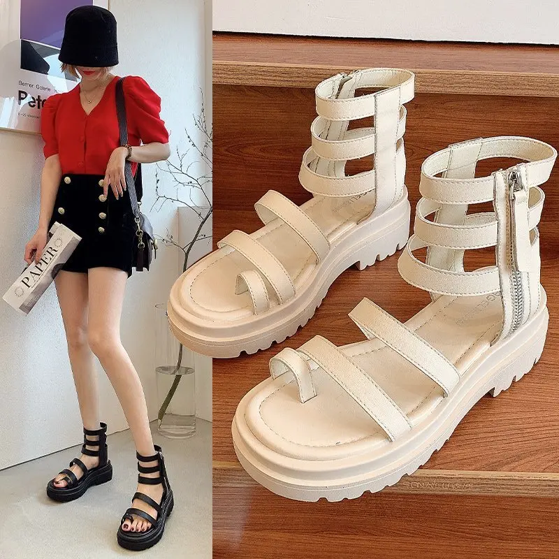 

Женские босоножки с вырезами, летние сандалии на толстой подошве, босоножки с молнией сбоку, высоким верхом и клипсой, 2021