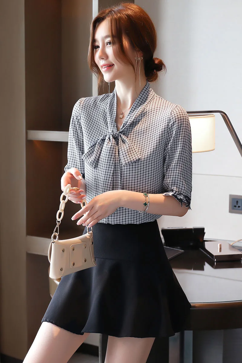 

COIGARSAM Short Sleeve blouse women New Summer Plaid Chiffon blusas womens tops and blouses 9806