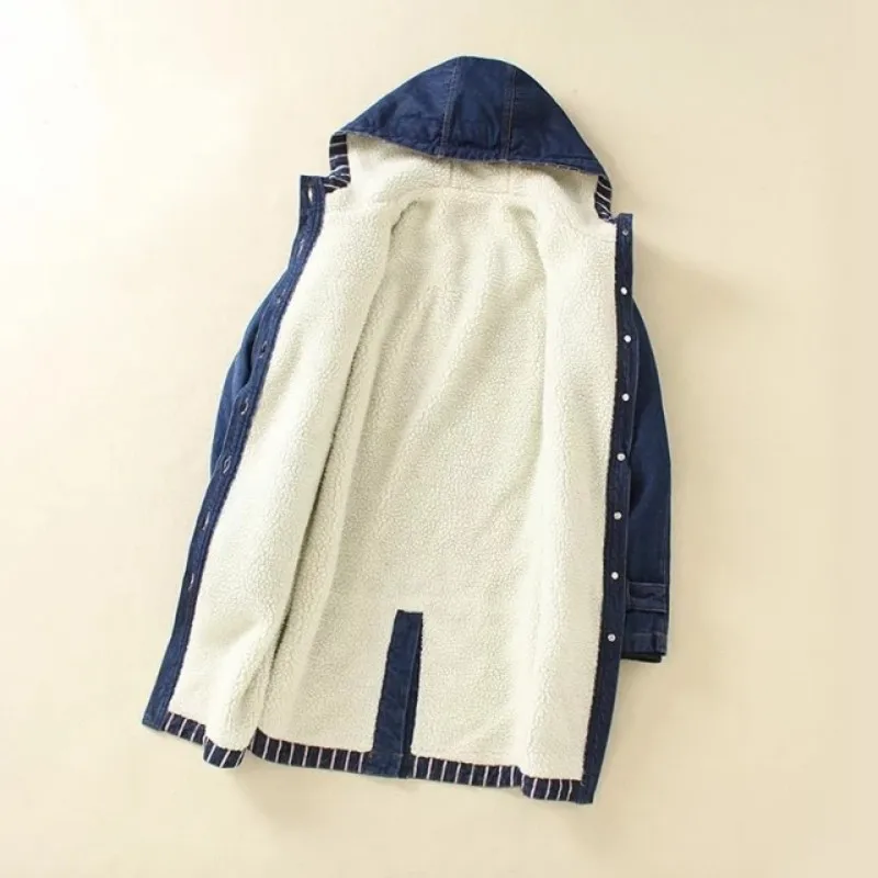 

Korea Fashion Hot Selling Long Jean Coat Womens Windbreaker Hooded Loose Fit Warm Lining Blue Overcoat Outwear Pocket Costumes