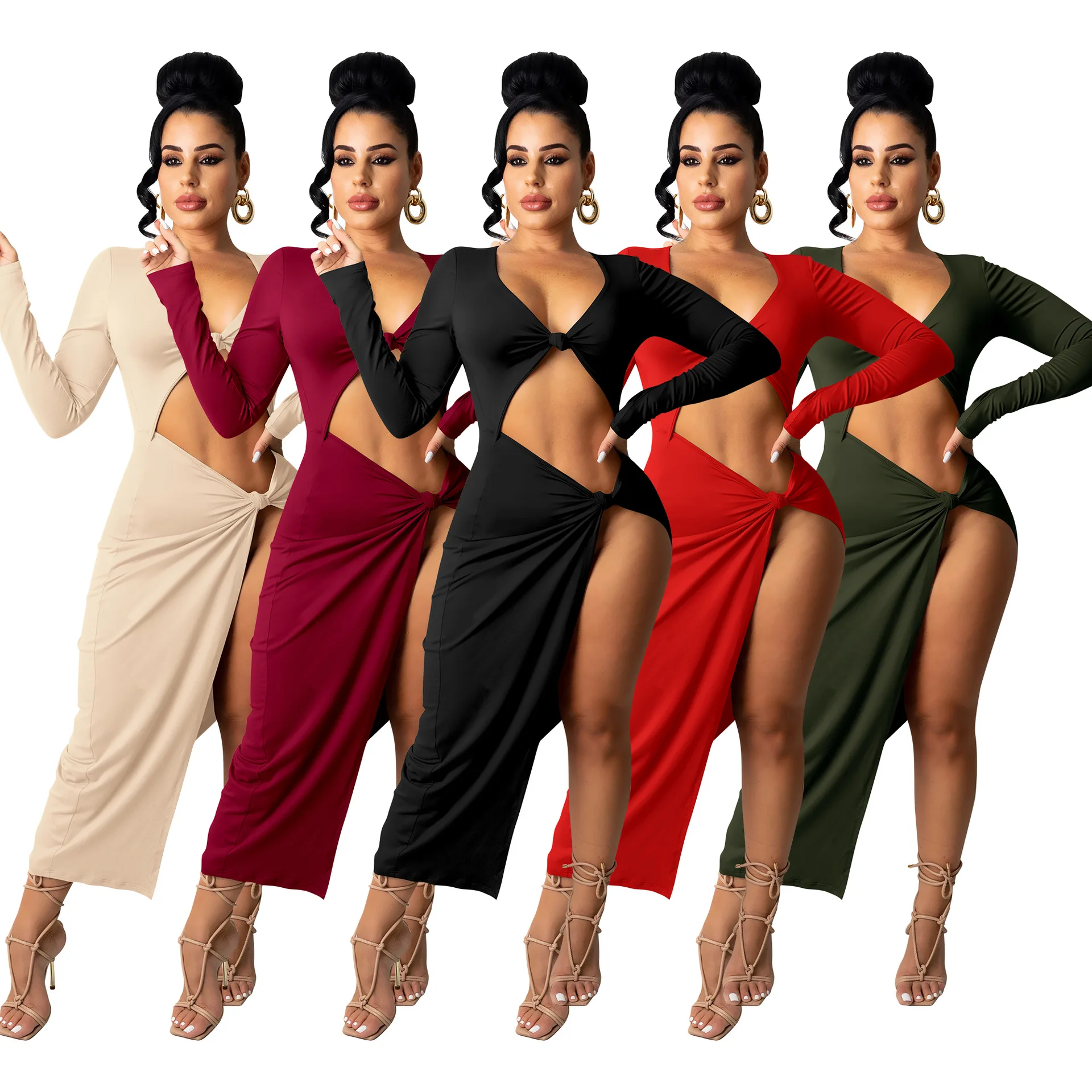 

Autumn Dress for Women Sexy Skinny Hollow Out Long Split Dresses Lace Up Fitness Bodycon Party Night Dress Vestidos Robe