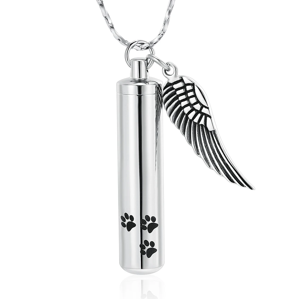 

Stainless Steel Cylinder Cremation Urn Pendant Necklace Ashes Bottle Memorial Keepsakes with Charm Wing for Dog Cat