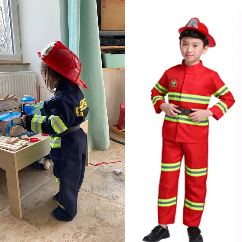 

Children Halloween Carnival Performance Party Firefighter Uniforms Sam Firemen Cosplay Costumes for Kids Role Play Clothing Sets