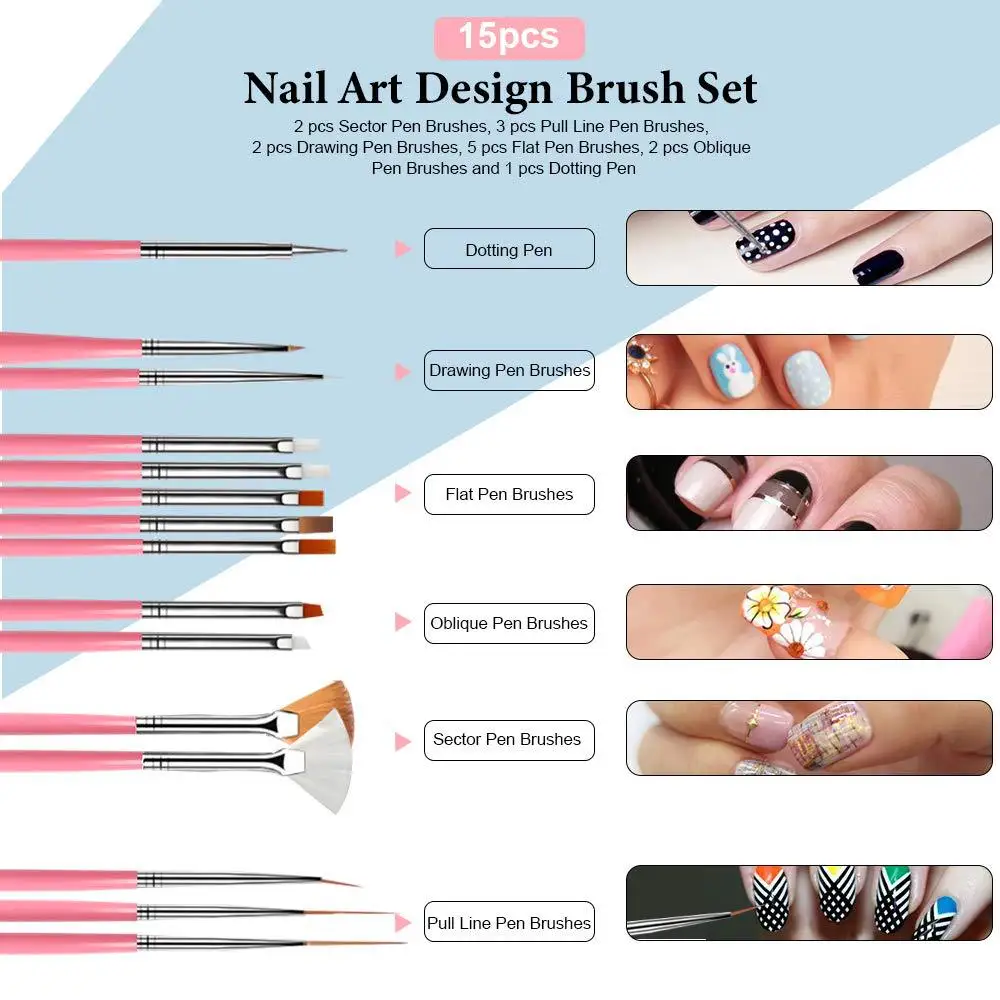 

Nail Art Tool With 15pcs Nail Painting Brushes Painting Drawing Carving Dotting Pen Nail Foilmanicure Tape Color Rhinestones